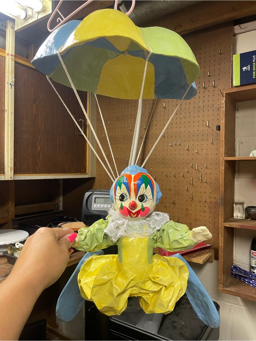 Vintage (1970’s) Paper Mache Hanging Clown With Parachute Hangs Approx. 25”.